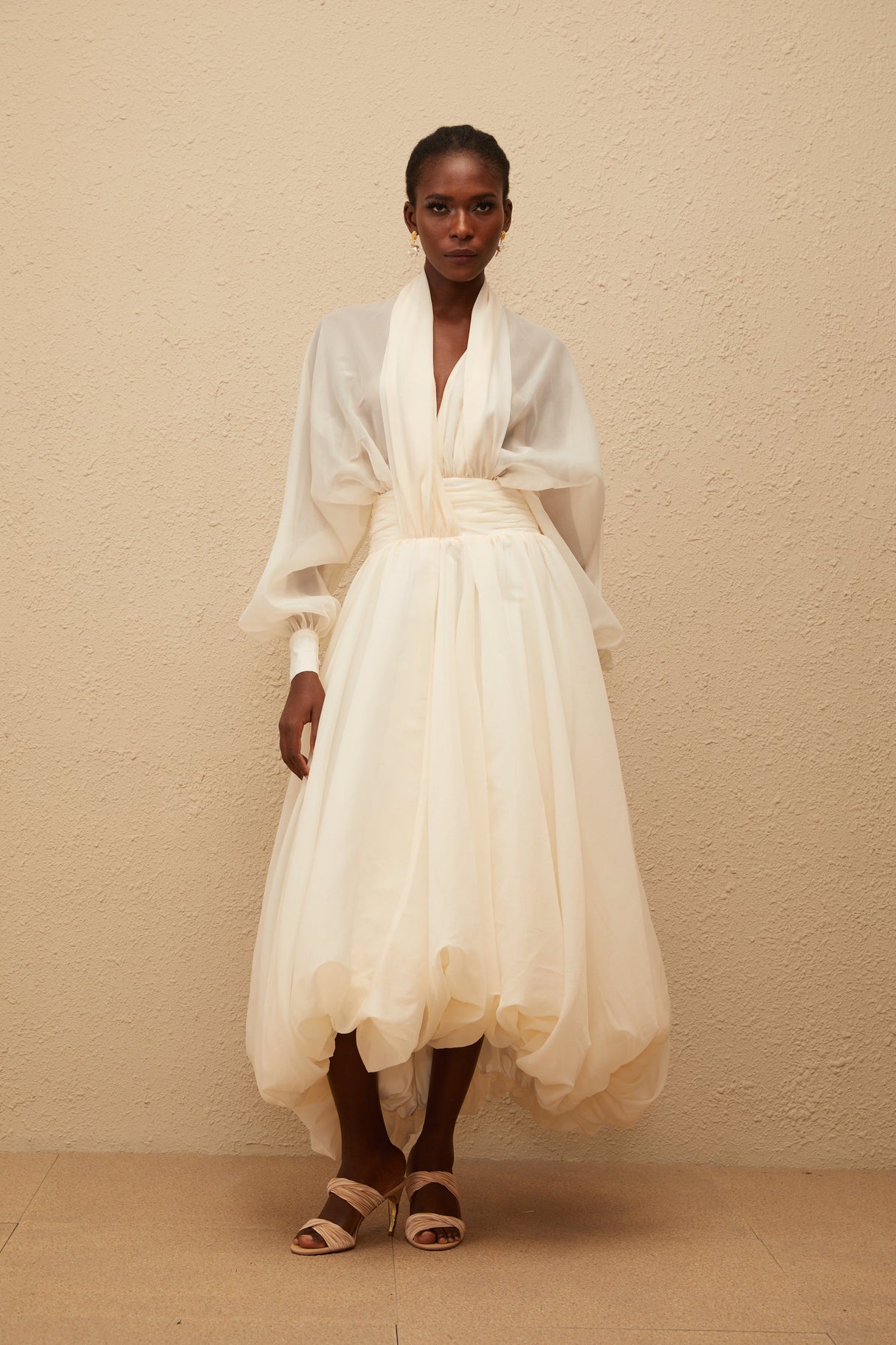 Aurohaya Riley Cream White Draped Tulle Maxi Dress