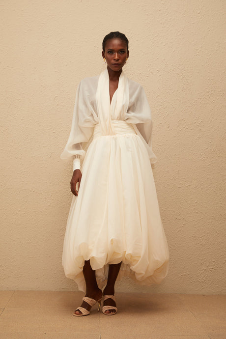 Aurohaya Riley Cream White Draped Tulle Maxi Dress