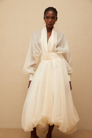 Aurohaya Riley Cream White Draped Tulle Maxi Dress