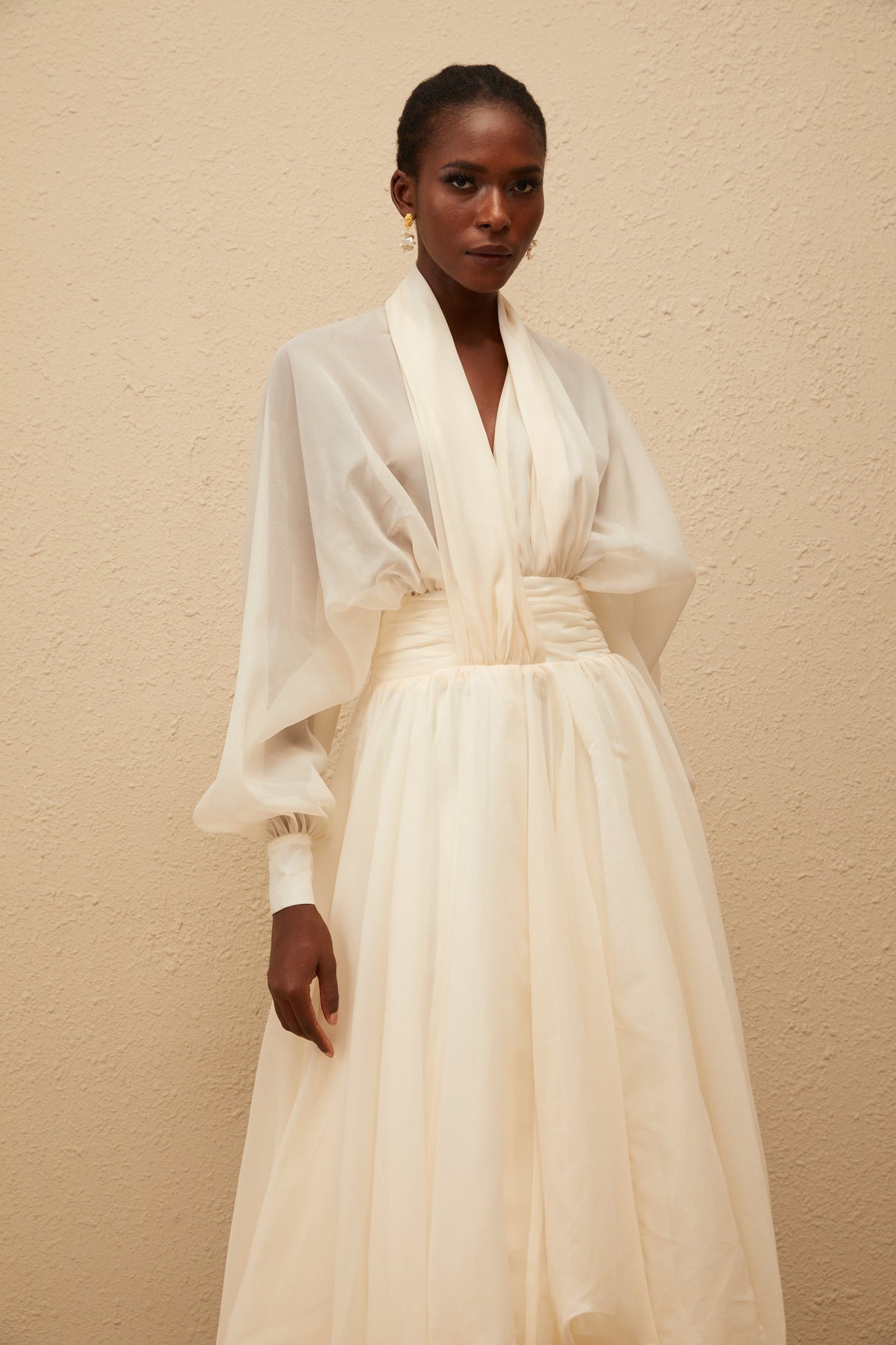 Aurohaya Riley Cream White Draped Tulle Maxi Dress