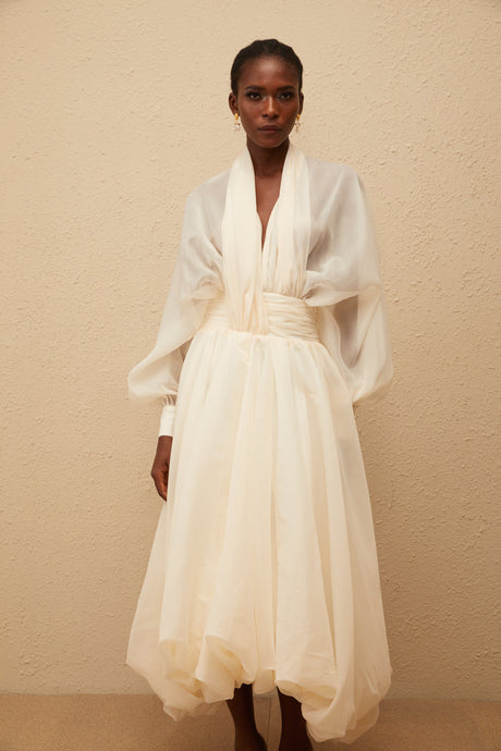 Aurohaya Riley Cream White Draped Tulle Maxi Dress