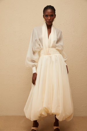 Aurohaya Riley Cream White Draped Tulle Maxi Dress
