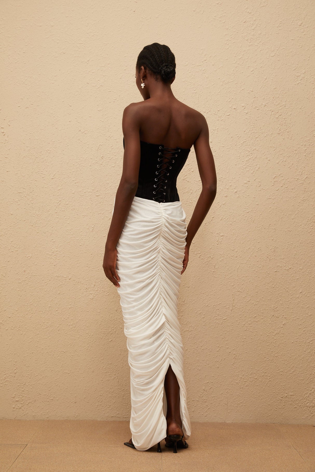 Aurohaya Iris Black Velvet Panel Ruched Maxi Dress