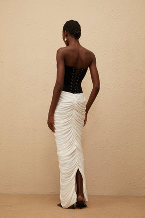 Aurohaya Iris Black Velvet Panel Ruched Maxi Dress