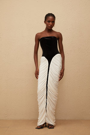 Aurohaya Iris Black Velvet Panel Ruched Maxi Dress