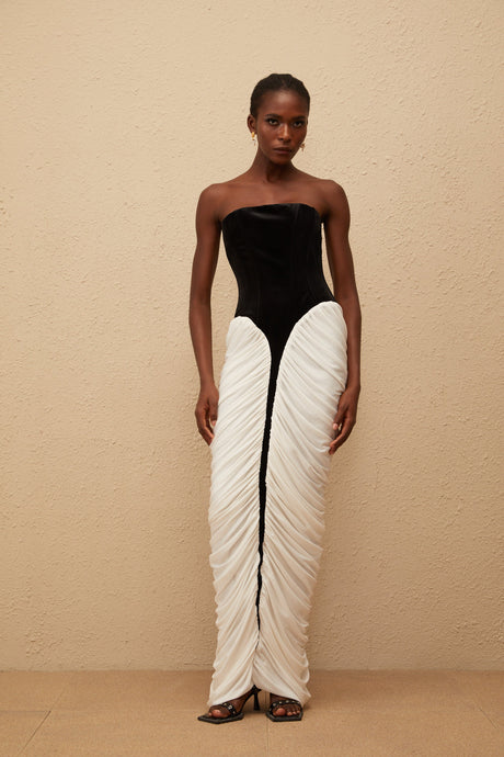 Aurohaya Iris Black Velvet Panel Ruched Maxi Dress