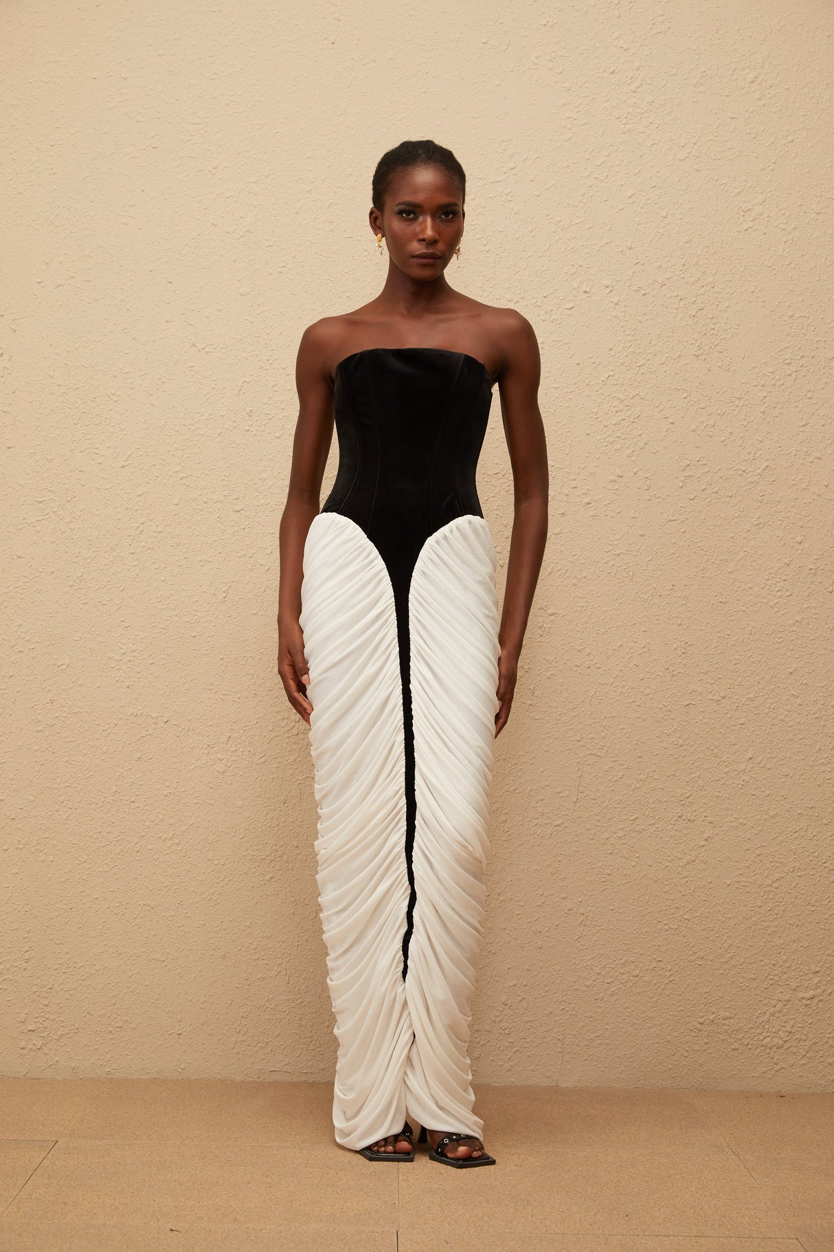 Aurohaya Iris Black Velvet Panel Ruched Maxi Dress