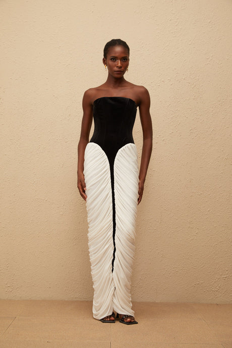 Aurohaya Iris Black Velvet Panel Ruched Maxi Dress