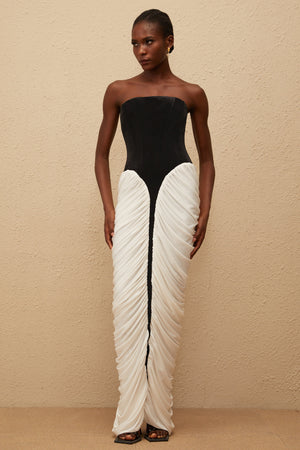 Aurohaya Iris Black Velvet Panel Ruched Maxi Dress