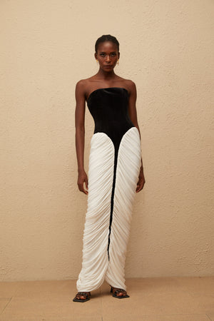 Aurohaya Iris Black Velvet Panel Ruched Maxi Dress