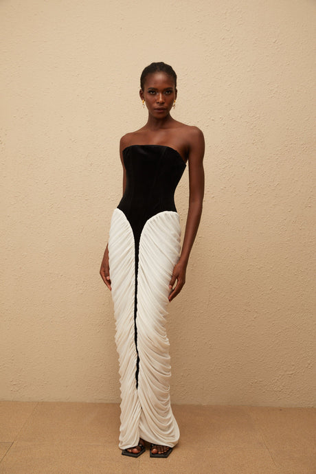 Aurohaya Iris Black Velvet Panel Ruched Maxi Dress