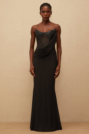 Aurohaya Scarlett Black Panelled Corset Maxi Dress
