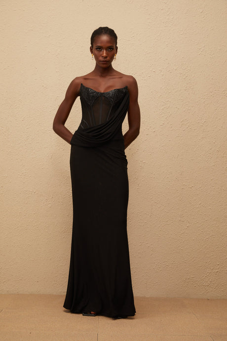 Aurohaya Scarlett Black Panelled Corset Maxi Dress