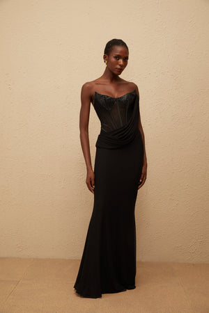 Aurohaya Scarlett Black Panelled Corset Maxi Dress