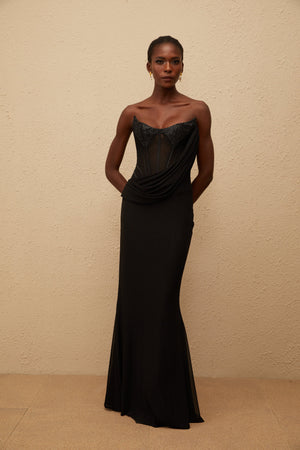 Aurohaya Scarlett Black Panelled Corset Maxi Dress
