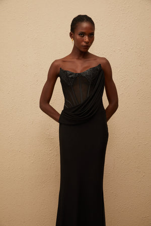 Aurohaya Scarlett Black Panelled Corset Maxi Dress
