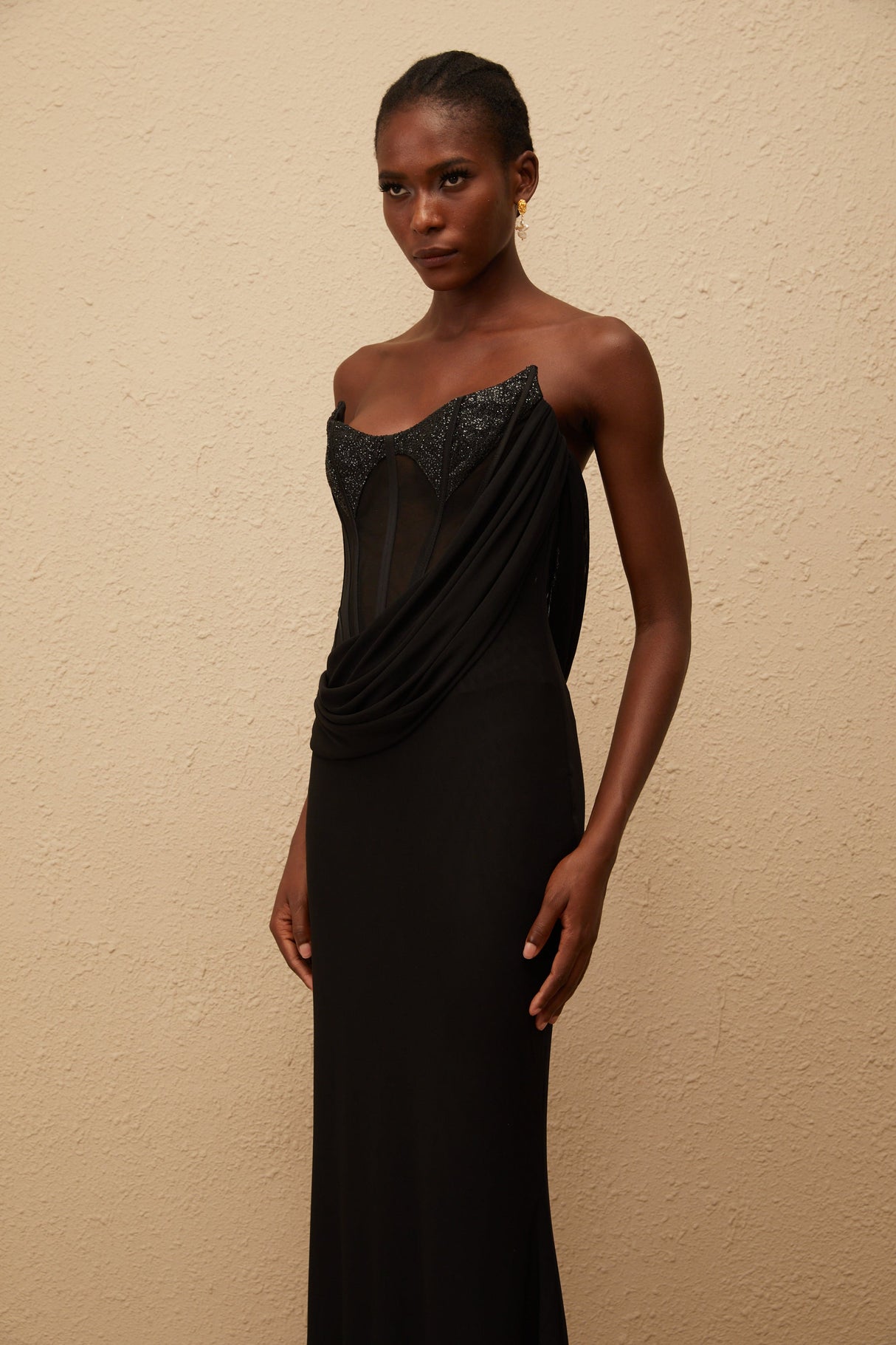Aurohaya Scarlett Black Panelled Corset Maxi Dress