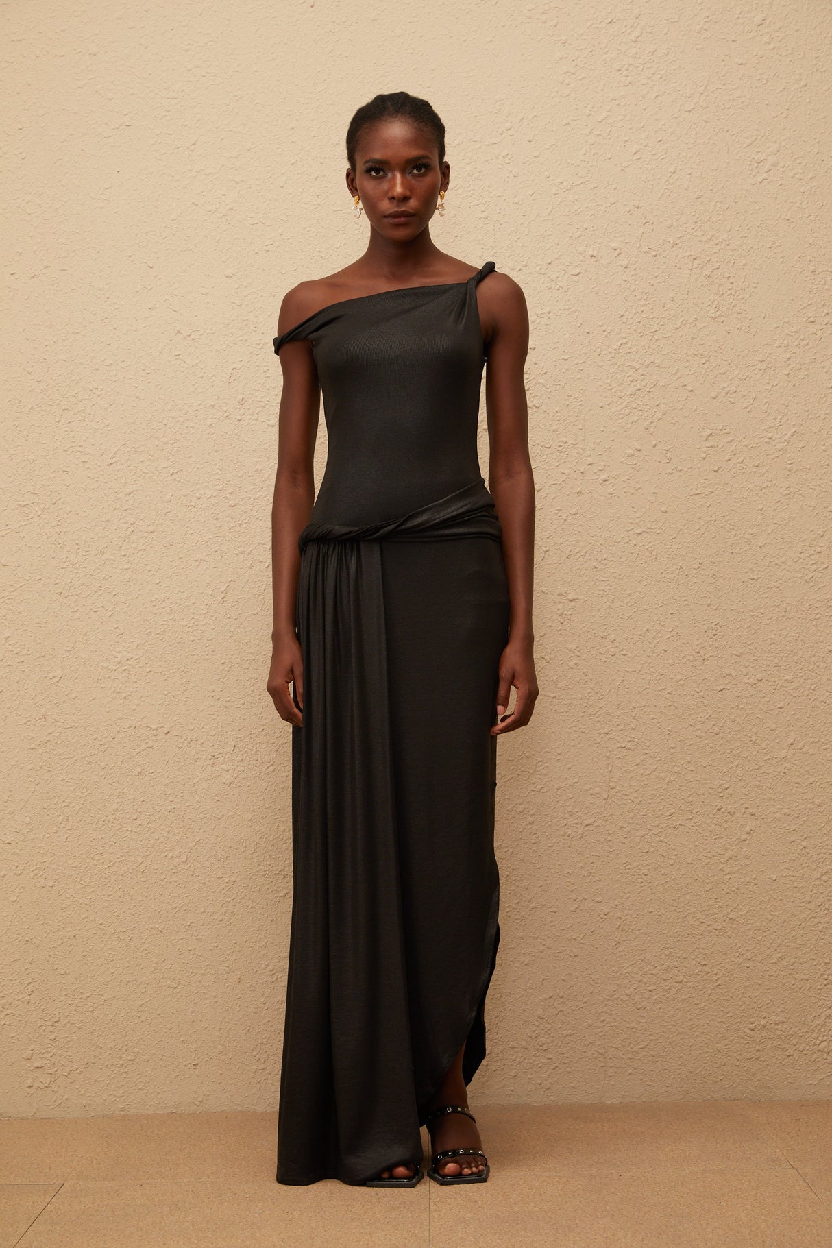 Aurohaya Samantha Black Asymmetrical Gathered Maxi Dress