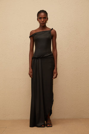 Aurohaya Samantha Black Asymmetrical Gathered Maxi Dress