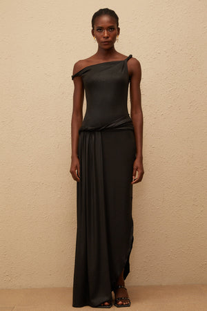 Aurohaya Samantha Black Asymmetrical Gathered Maxi Dress