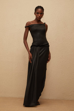 Aurohaya Samantha Black Asymmetrical Gathered Maxi Dress