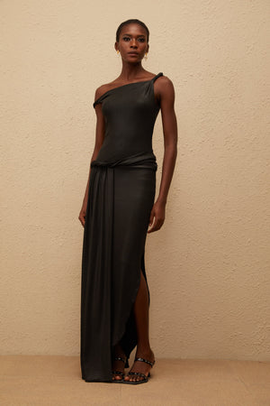 Aurohaya Samantha Black Asymmetrical Gathered Maxi Dress