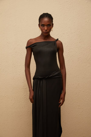 Aurohaya Samantha Black Asymmetrical Gathered Maxi Dress