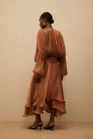 Aurohaya Eugénie Pleated Ruffle Maxi Dress in Brown