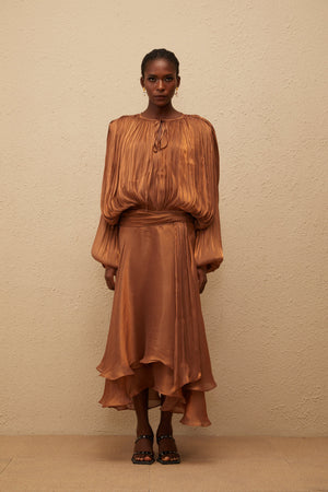 Aurohaya Eugénie Pleated Ruffle Maxi Dress in Brown