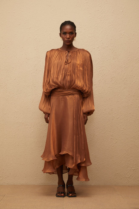 Aurohaya Eugénie Pleated Ruffle Maxi Dress in Brown