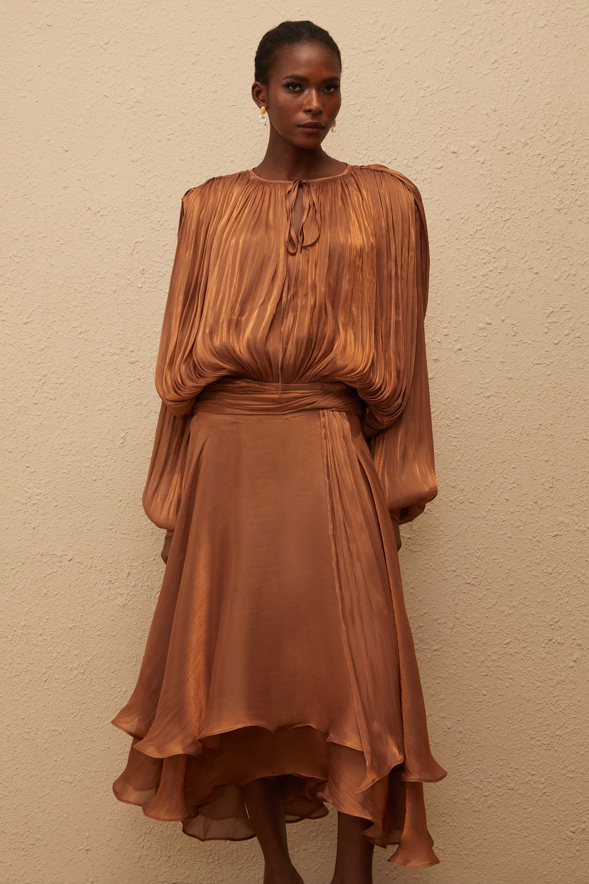 Aurohaya Eugénie Pleated Ruffle Maxi Dress in Brown