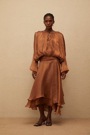 Aurohaya Eugénie Pleated Ruffle Maxi Dress in Brown