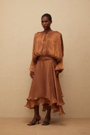 Aurohaya Eugénie Pleated Ruffle Maxi Dress in Brown