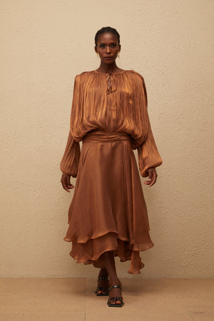 Aurohaya Eugénie Pleated Ruffle Maxi Dress in Brown
