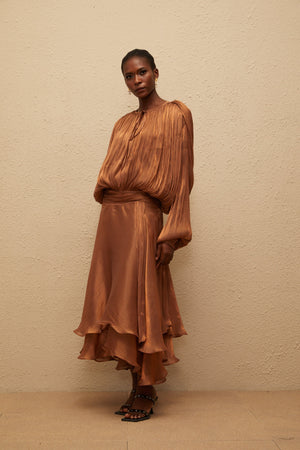 Aurohaya Eugénie Pleated Ruffle Maxi Dress in Brown