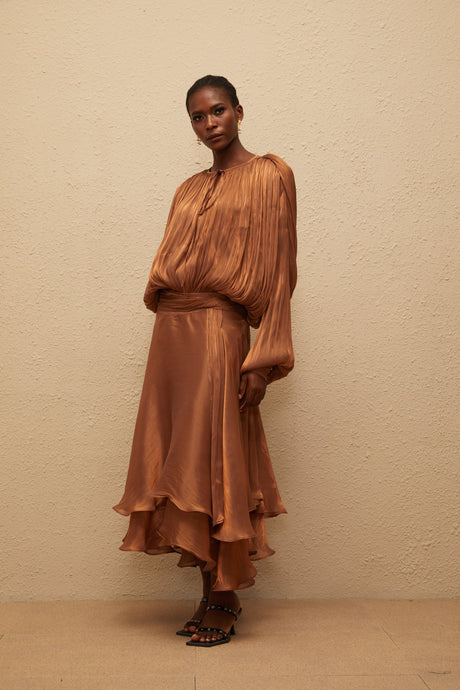 Aurohaya Eugénie Pleated Ruffle Maxi Dress in Brown