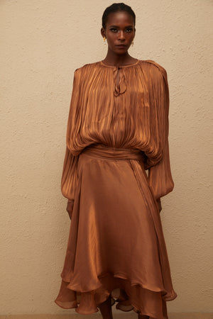 Aurohaya Eugénie Pleated Ruffle Maxi Dress in Brown