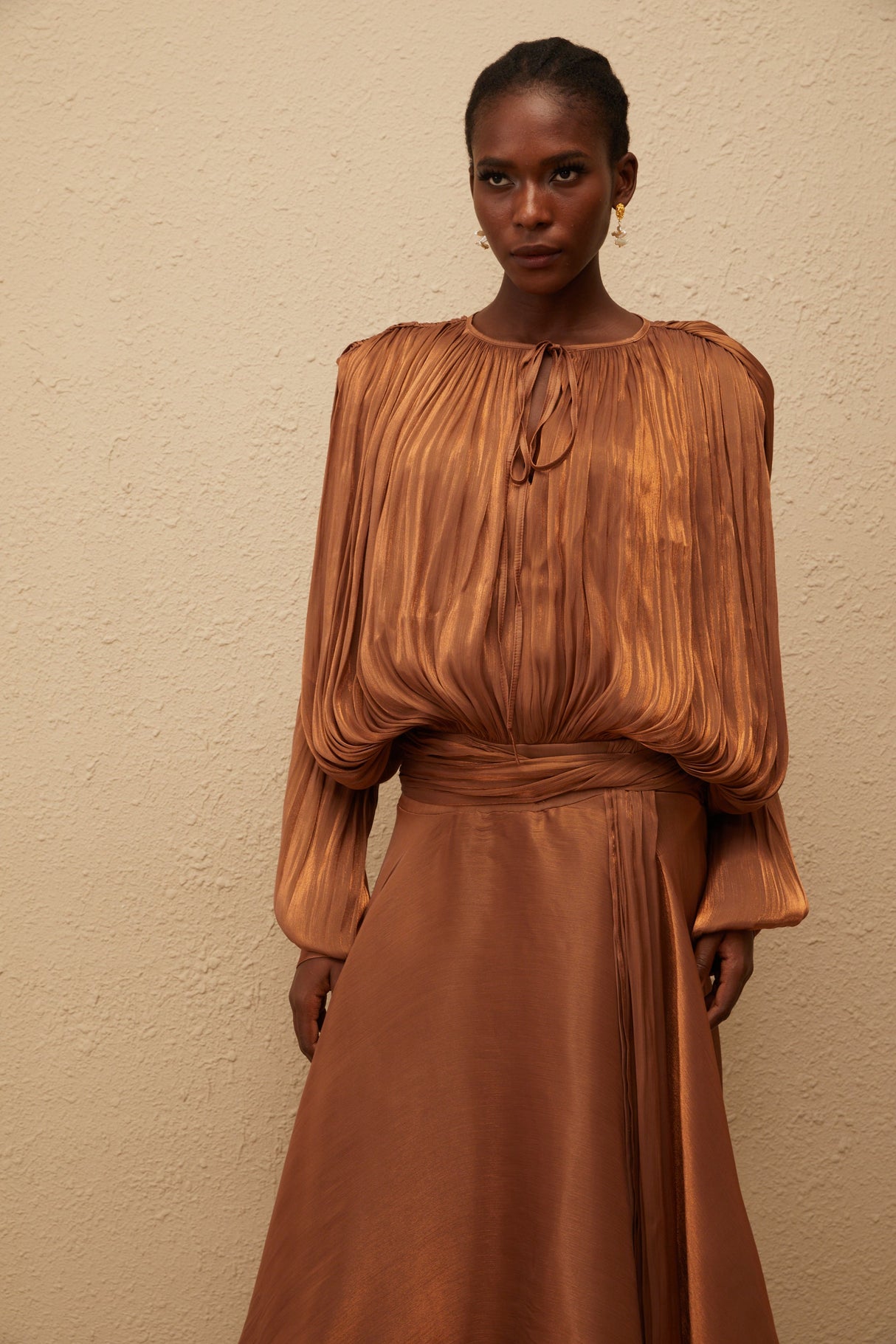 Aurohaya Eugénie Pleated Ruffle Maxi Dress in Brown