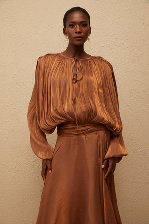 Aurohaya Eugénie Pleated Ruffle Maxi Dress in Brown