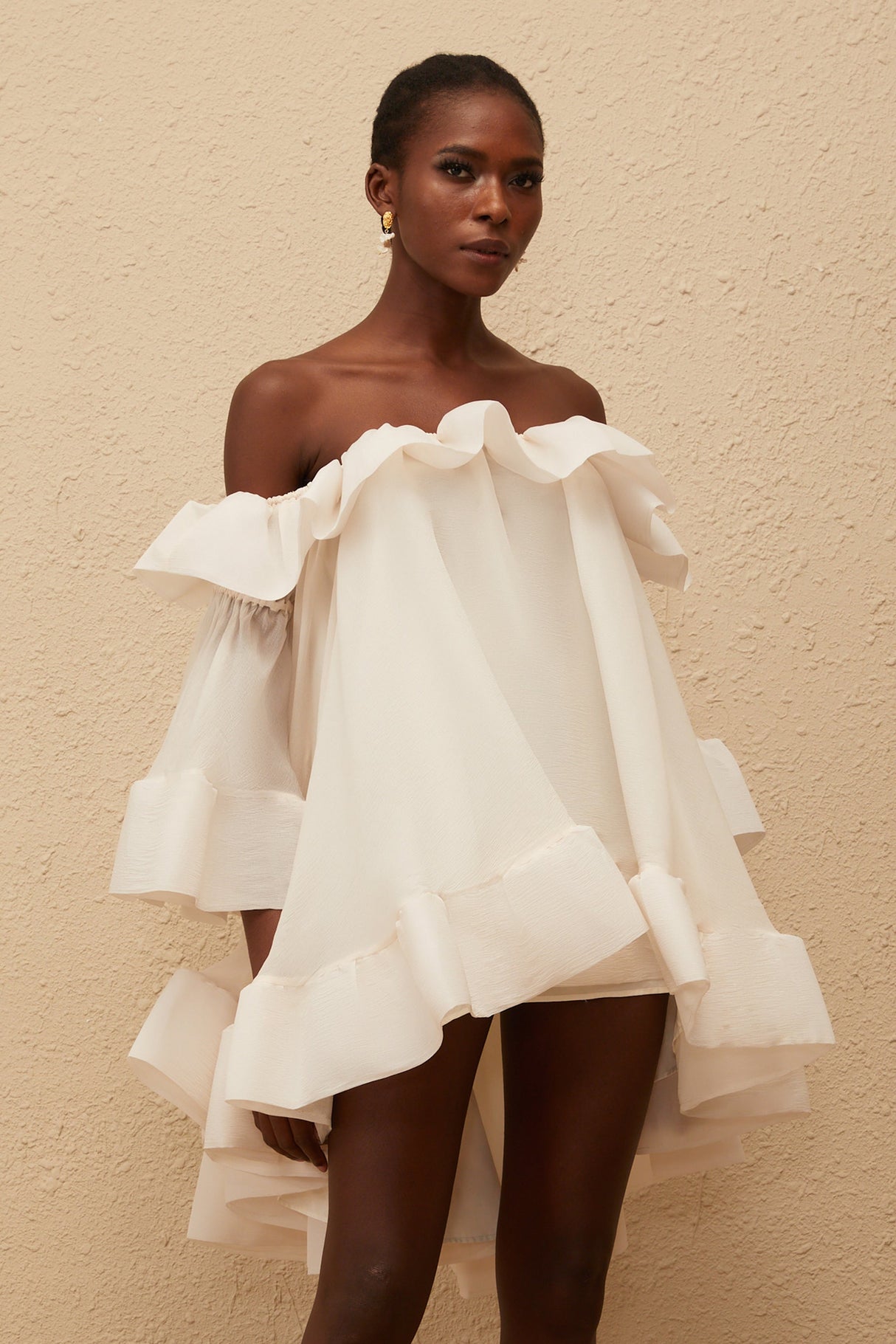 Aurohaya Flavie White Off Shoulder Ruffled Mini Dress