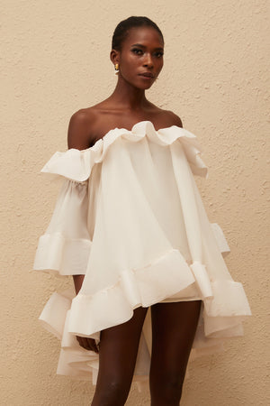 Aurohaya Flavie White Off Shoulder Ruffled Mini Dress