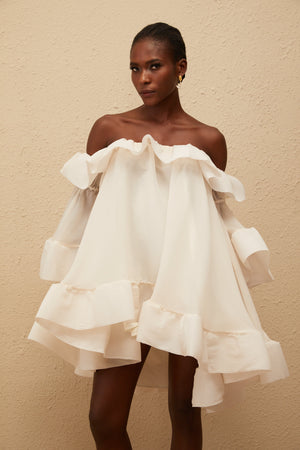Aurohaya Flavie White Off Shoulder Ruffled Mini Dress