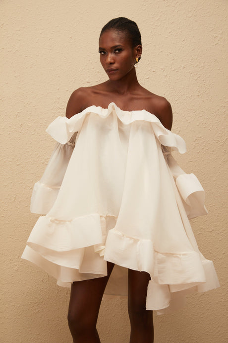 Aurohaya Flavie White Off Shoulder Ruffled Mini Dress