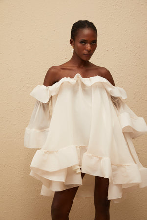 Aurohaya Flavie White Off Shoulder Ruffled Mini Dress
