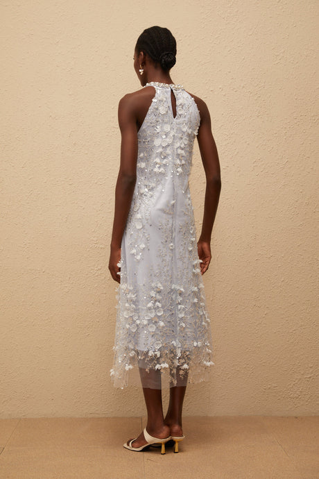 Aurohaya Quitterie Blue Embellished Floral Tulle Midi Dress
