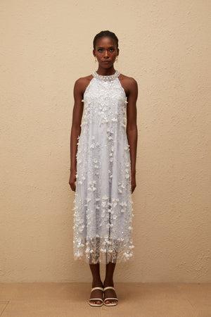 Aurohaya Quitterie Blue Embellished Floral Tulle Midi Dress
