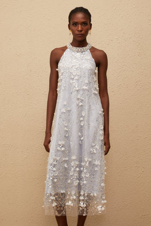 Aurohaya Quitterie Blue Embellished Floral Tulle Midi Dress