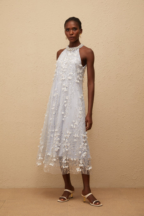 Aurohaya Quitterie Blue Embellished Floral Tulle Midi Dress
