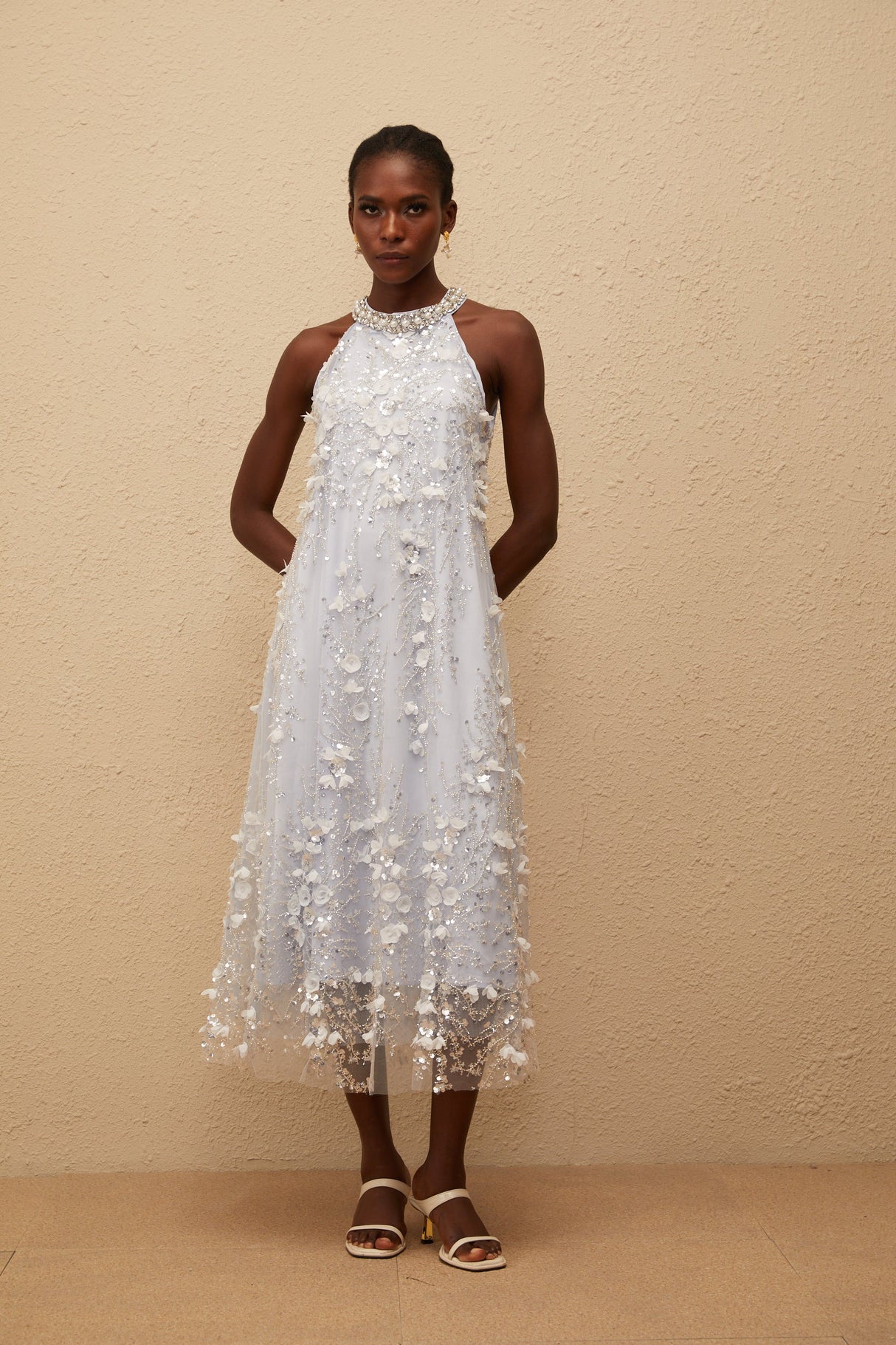 Aurohaya Quitterie Blue Embellished Floral Tulle Midi Dress