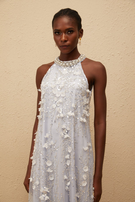 Aurohaya Quitterie Blue Embellished Floral Tulle Midi Dress